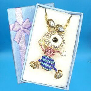 Alien Necklace Pin Combo Gift Boxed • Rhinestone UFO Pendant 28"